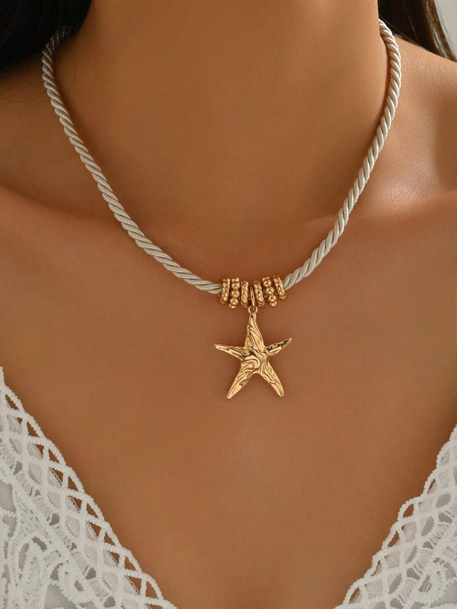 1pc Spring/Summer Minimalist Elegant Women Pendant Necklace, Vintage Bohemian Golden Starfish Pen... | SHEIN
