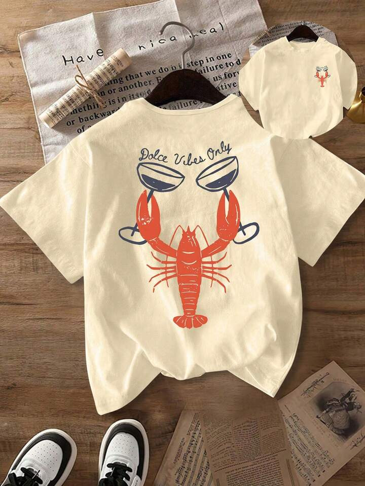 Plus Size Lobster Illustration Of Sea Salt Soda Flavor, Women's Casual Loose Plus Size Round Neck... | SHEIN