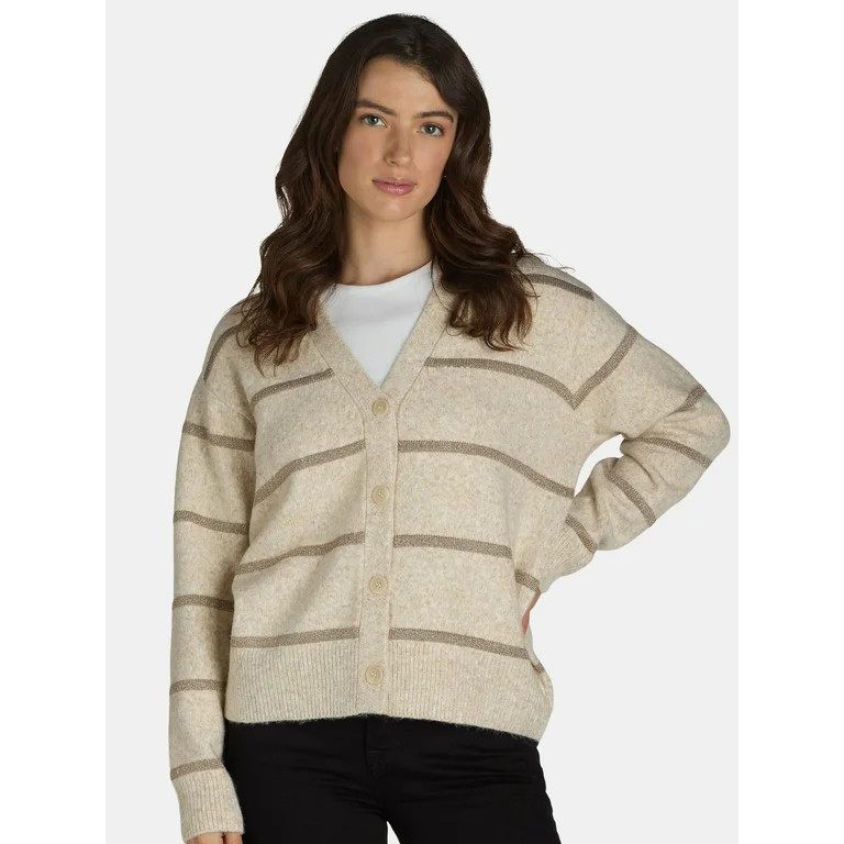 Time and Tru Women's and Women's Plus Metallic Striped Cardigan Sweater, Midweight, Sizes XS-4X | Walmart (US)