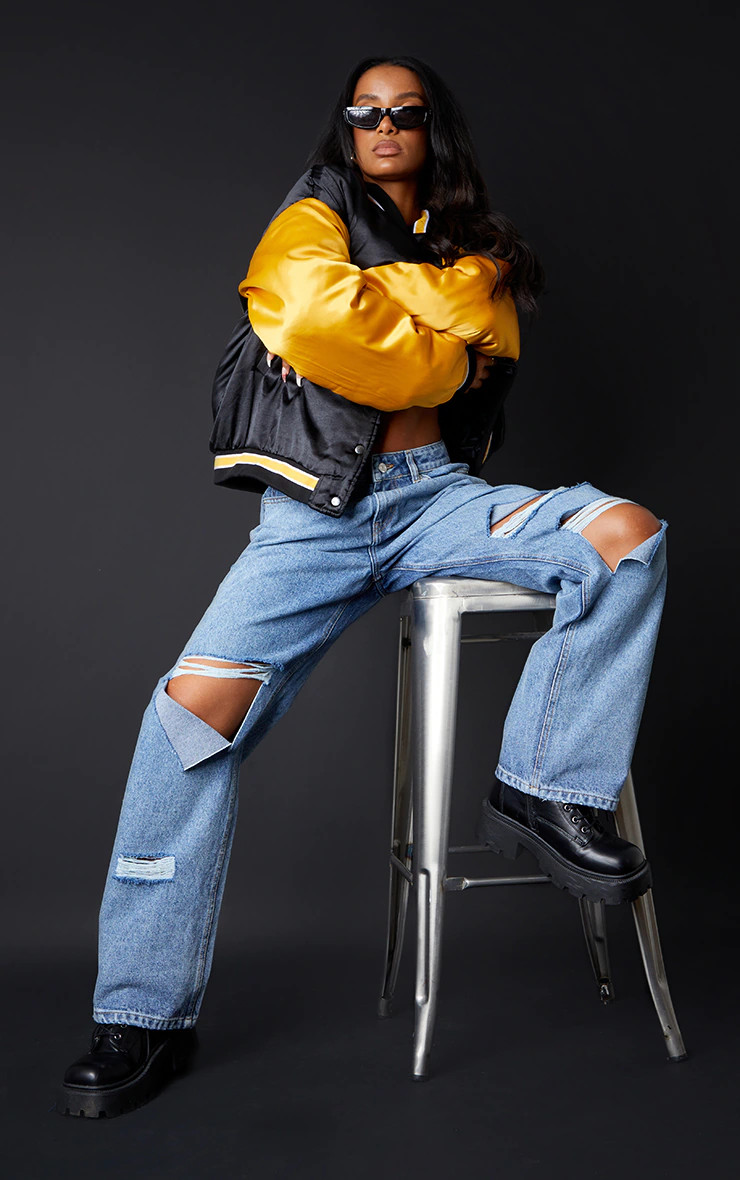 Mid Blue Wash Baggy Low Rise Ripped Boyfriend Jeans | PrettyLittleThing US