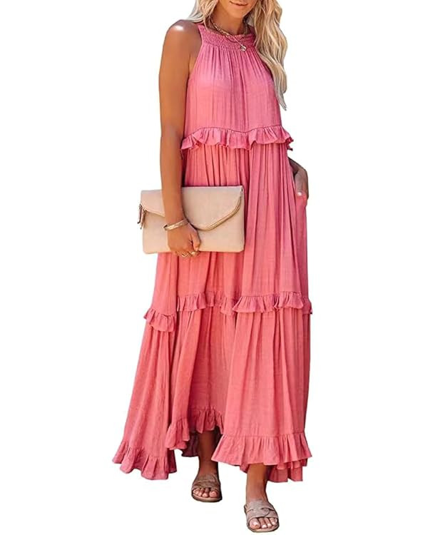 Womens Summer Boho Halter Maxi Dresses Summer 2024 Casual Sleeveless Tiered Long Flowy Vacation B... | Amazon (US)