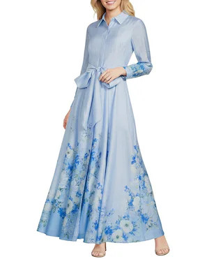 Alex Marie Cheryl Linen Blend Floral Print Collared Neckline Bracelet Sleeve Belted Gown | Dillar... | Dillard's