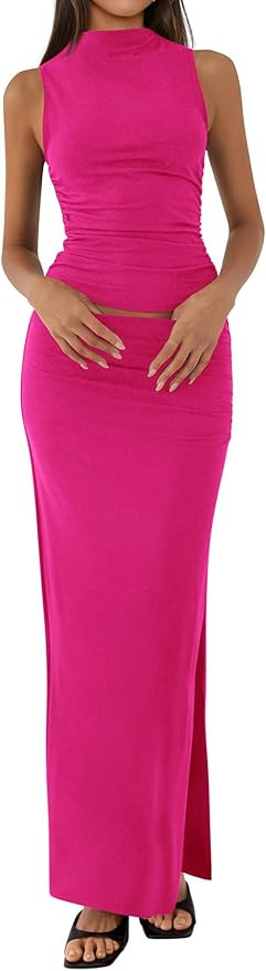 Womens Two Piece Outfits Summer Lightweight 2026 Mock Neck Sleeveless Knit Tops Maxi Skirt Set Go... | Amazon (US)