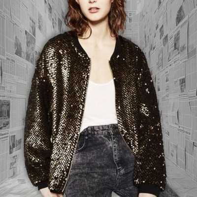 Zara Black & Gold Sequin Bomber Flight Jacket M/L | eBay US