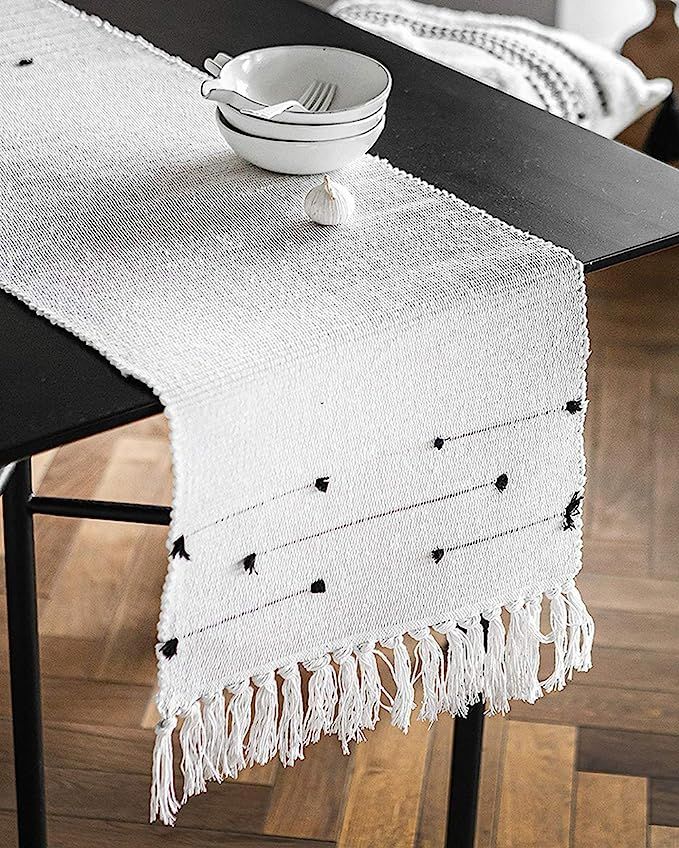 KIMODE Moroccan Fringe Table Runner 14 X 72 in, Bohemian Geometric Cotton Woven Tufted Tassels Ma... | Amazon (US)