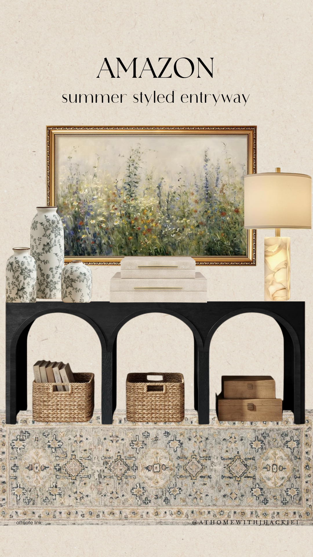 Amazon Summer Styled Entryway, amazon home decor, amazon entryway decor, entryway styling, black console table, floral artwork, wildflower painting, decorative vases, marble table lamp, decorative storage boxes, woven baskets, vintage runner rug, neutral rug, summer home decor, foyer decor, console styling, traditional home decor, organic modern decor, neutral home styling, amazon decor finds, luxury home decor

#LTKSeasonal #LTKHome