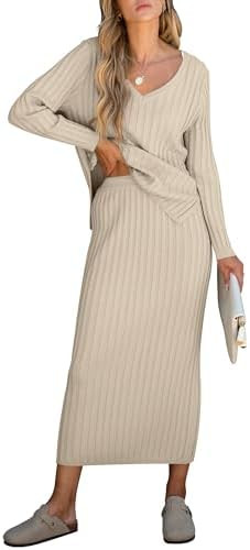ANRABESS Women's 2 Piece Outfits Sweater Skirt Sets Casual Long Sleeve V Neck Ribbed Knit Tops Mi... | Amazon (US)
