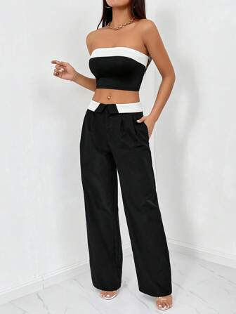 SHEIN Privé Colorblock Tube Top & Wide Leg Pants | SHEIN