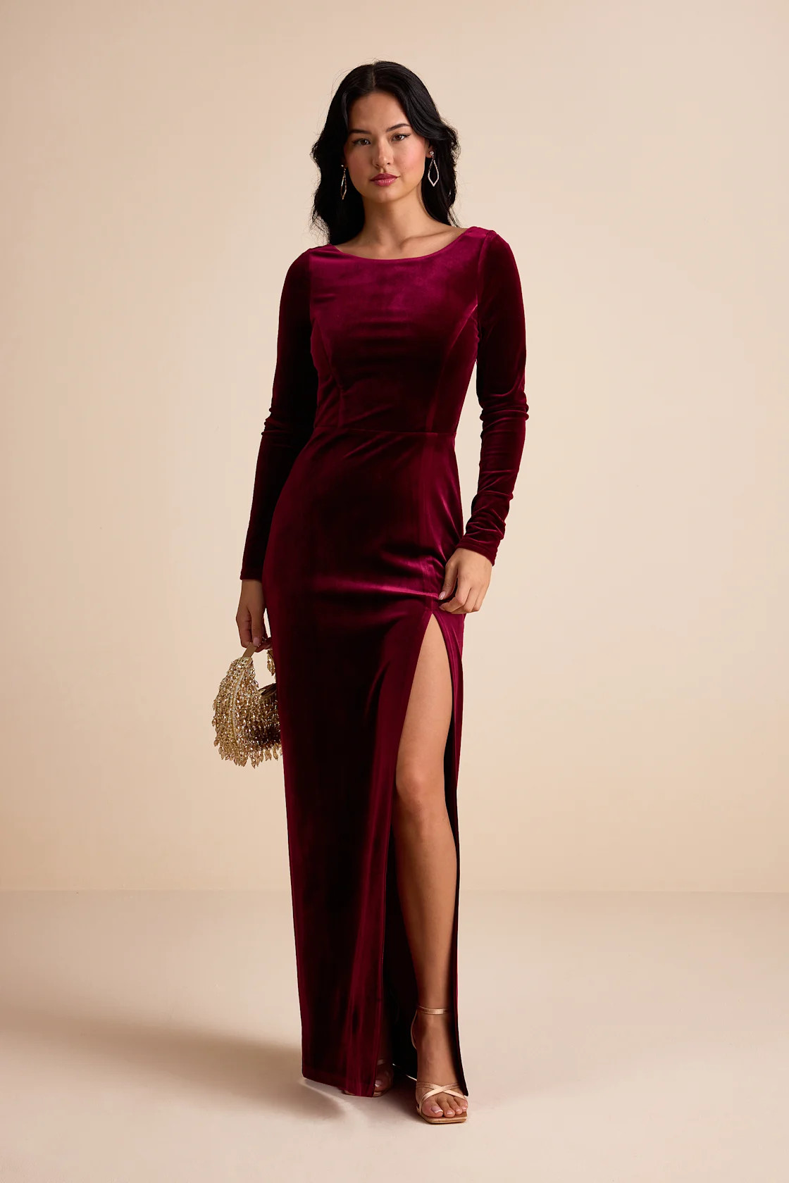 Duarte Burgundy Velvet Cowl Back Long Sleeve Maxi Dress | Lulus