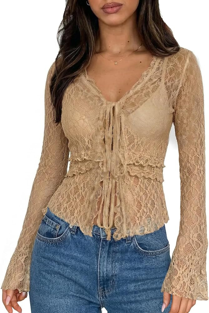 Clarisbelle Summer Women's Bell Sleeve Lace Mesh Sheer Sexy Y2k Shirt Ruffled Hem Tie Front V Nec... | Amazon (US)