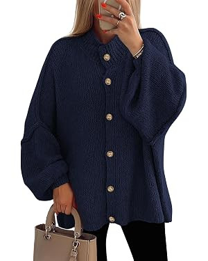 PRETTYGARDEN Women's Winter Button Down Cardigan Sweaters Mock Neck Lantern Long Sleeve Chunky Kn... | Amazon (US)
