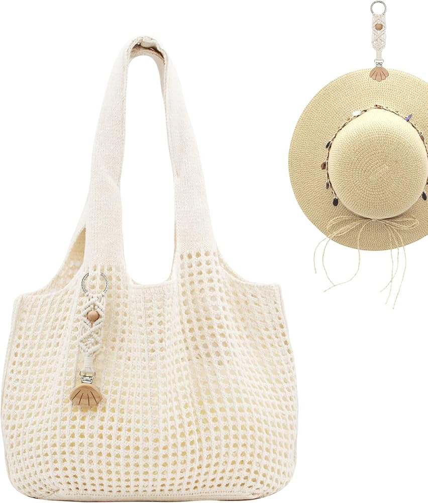Crochet Tote Bag with Macrame Hat Clip for Travel Women Summer Beach Bag Aesthetic Knit Bag Cute ... | Amazon (US)