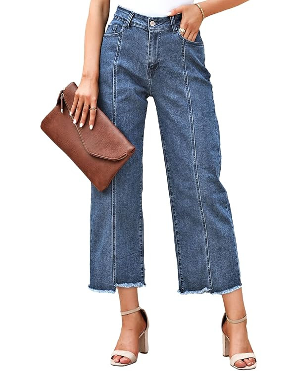 Sidefeel Women's Jeans High Waisted Wide Leg Loose Fit Straight Leg Zimbaplatinum Cropped Pants w... | Amazon (US)