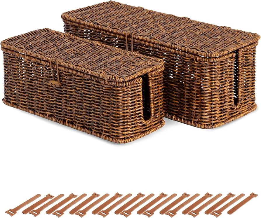 Cable Management Box, Cord Organizer with Lid & Cable Ties - Brown Set | Amazon (US)
