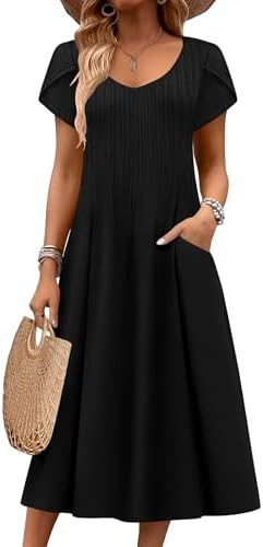 Zeagoo Women Midi Dresses for Summer 2026 Short Sleeve Casual Flowy Dress A Line Pleated V Neck B... | Amazon (US)