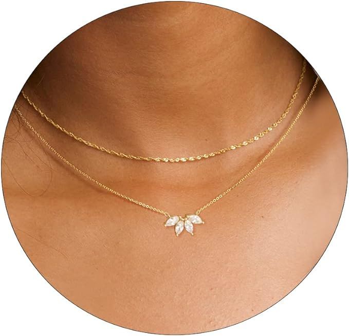Krudan Dainty Gold Necklaces for Women Cubic Zirconia 14k Gold Plated Layered Necklaces Cute Y Dr... | Amazon (US)