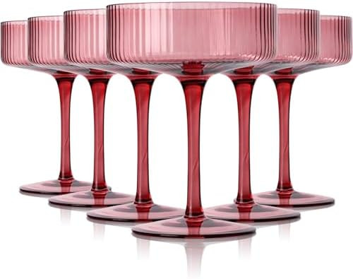 9 oz rose red Vintage Art Deco Coupe Glasses Set of 6 Ribbed martini Glasses |Vintage Cocktail Gl... | Amazon (US)