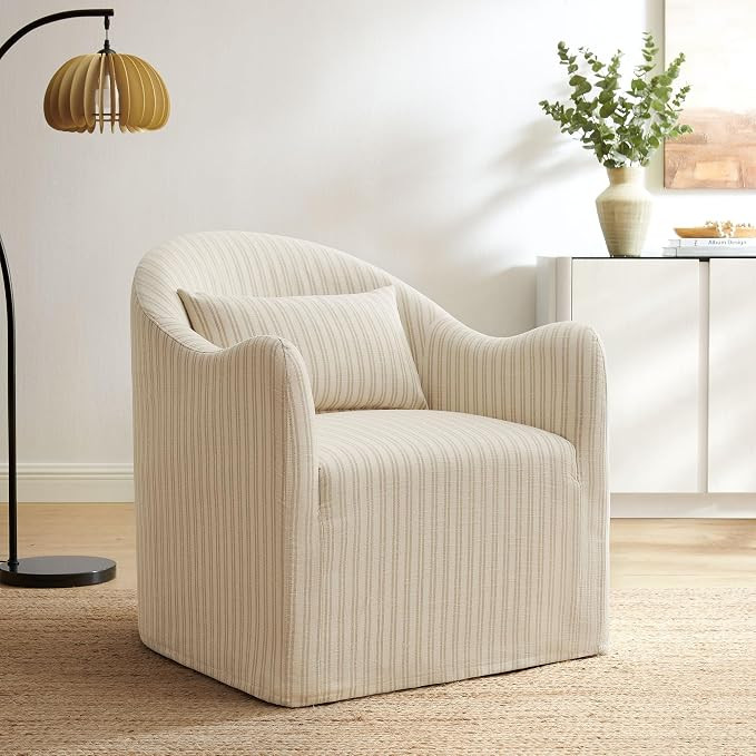 Modway Bardot Striped Linen Blend Slipcovered Accent Chair in Oatmeal Stripe – Curved Back Upho... | Amazon (US)