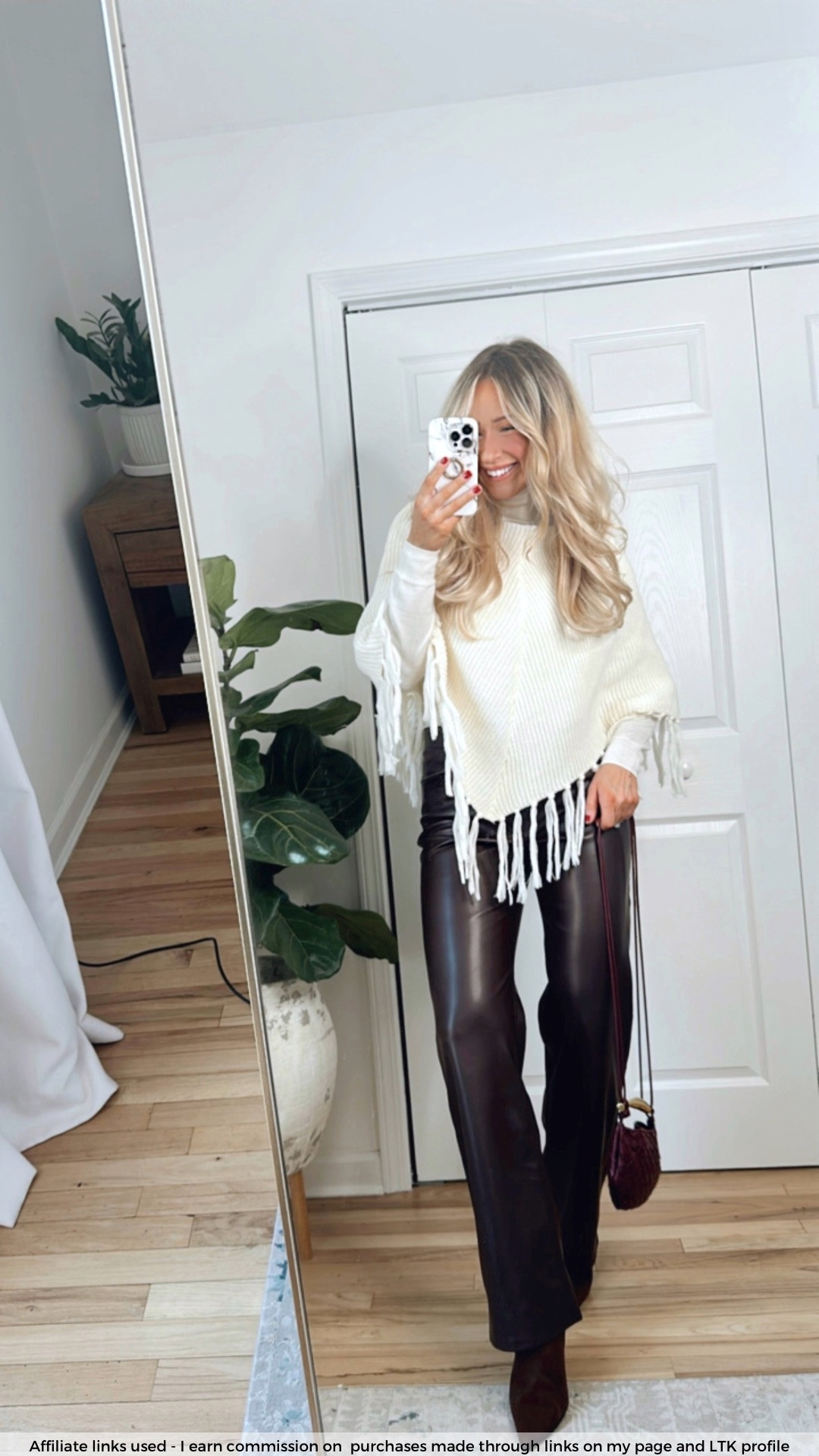 Stylish winter outfit 

Amazon sweater fringe
Brown faux leather pants
Chic style
Elevated casual look