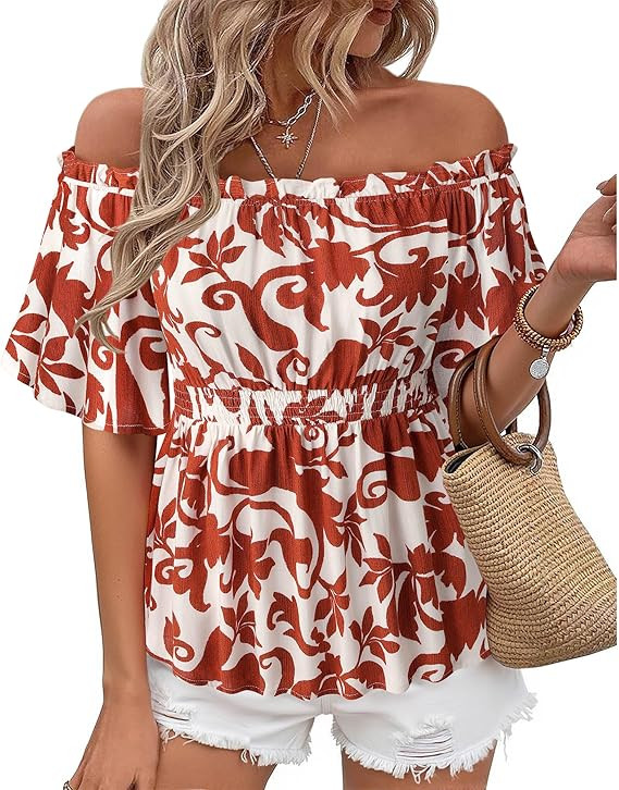 Bebonnie Women's Summer Off The Shoulder Short Sleeve Chiffon Blouse Ruffle Hem Tops | Amazon (US)