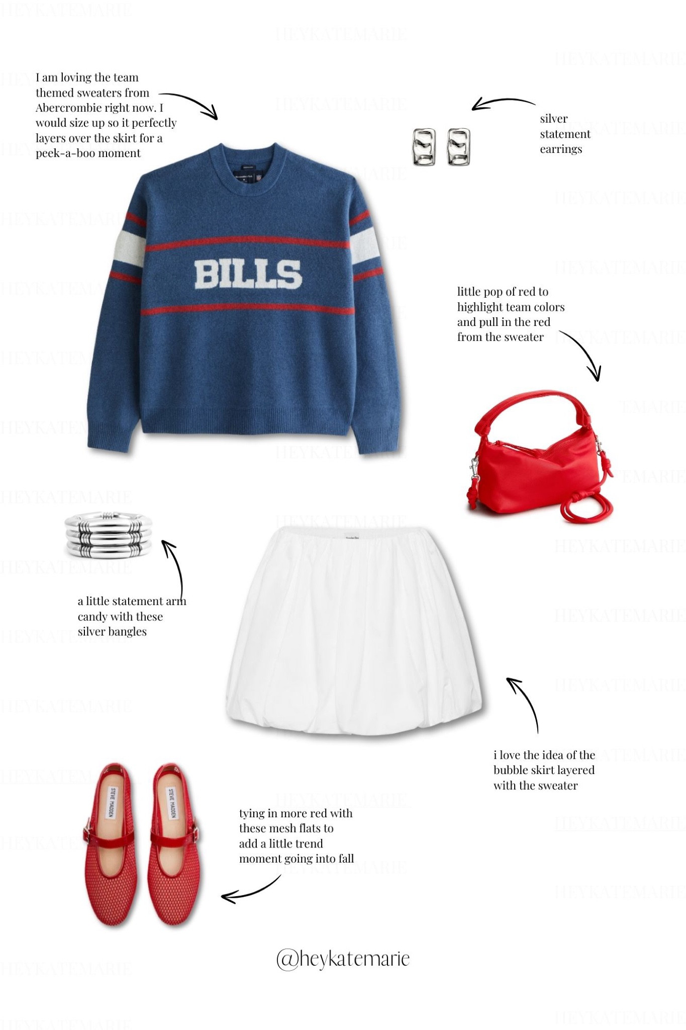 Game Day Series - Outfit 21 ft. The Buffalo Bills sweater from Abercrombie, a white bubble skirt, pops of red mesh flats and a red nylon purse with silver jewelry from Amazon 

#LTKSeasonal #LTKShoeCrush #LTKFindsUnder100