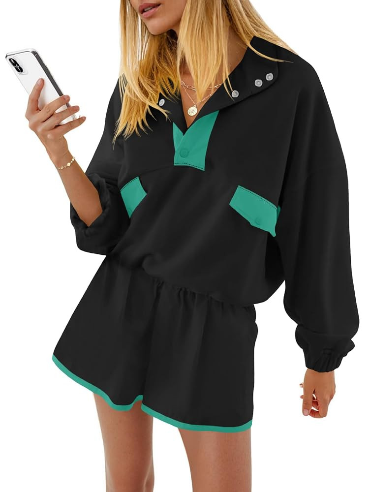 Fisoew Womens 2 Piece Sets Sweatsuits Casual Half Button Color Block Sweatshirts Running Shorts T... | Amazon (US)