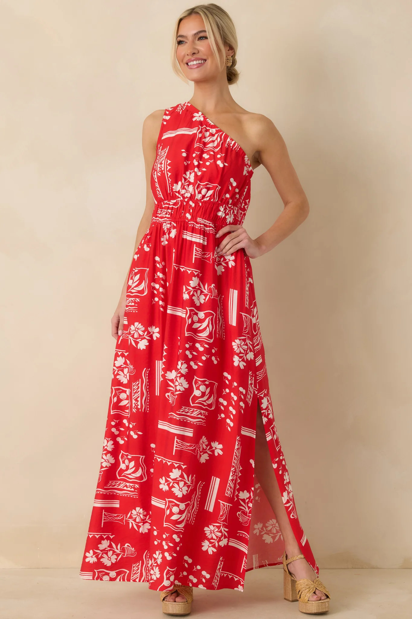 Anything Goes Red One Shoulder Geometric Floral Print Maxi Dress, July 4th Dresses  | Red Dress
