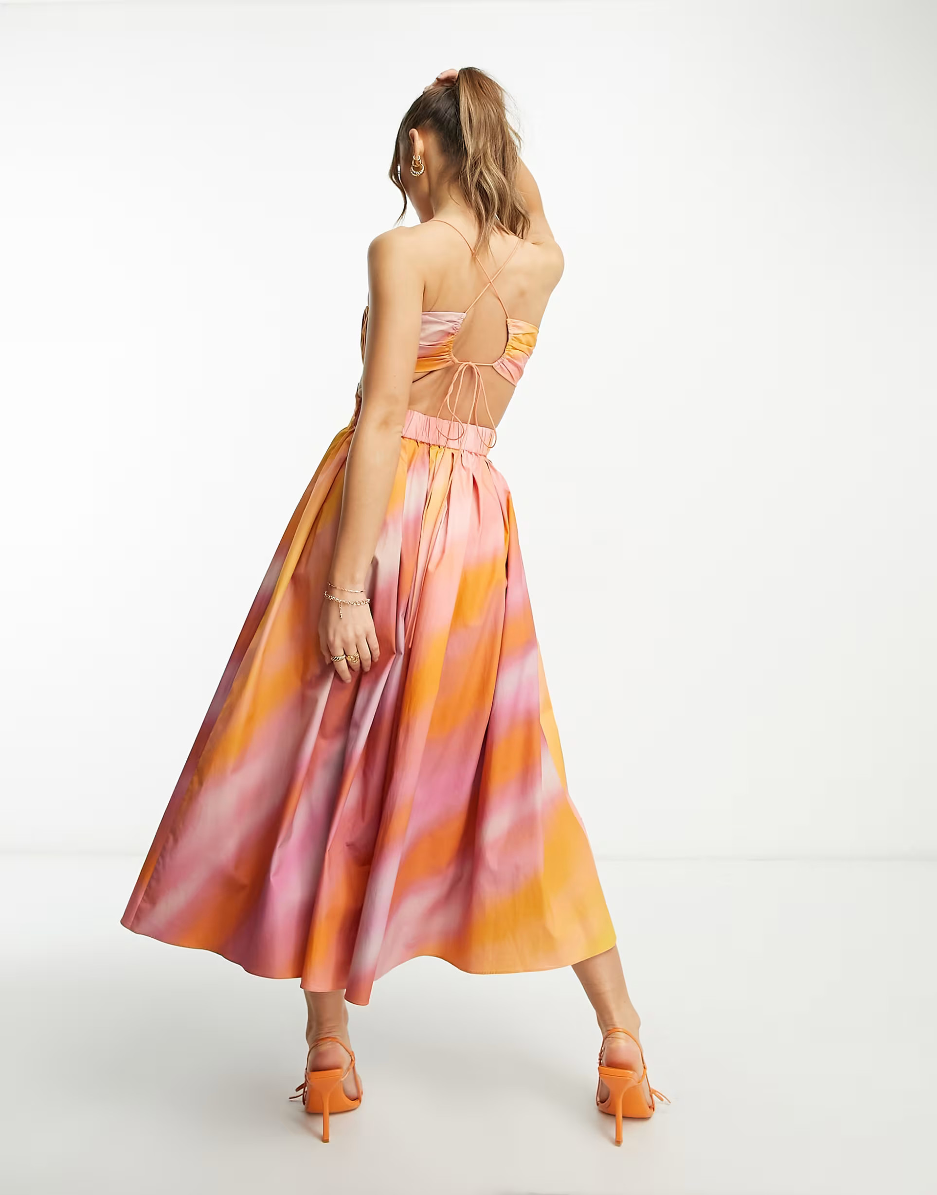 ASOS DESIGN cotton structured midi dress with ruched bust and pleat skirt in orange watercolour p... | ASOS (Global)