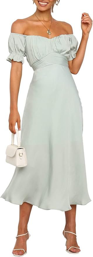 Fixmatti Women's Summer Midi Dress Off Shoulder Short Sleeve Flare Swing Long Dresses | Amazon (US)