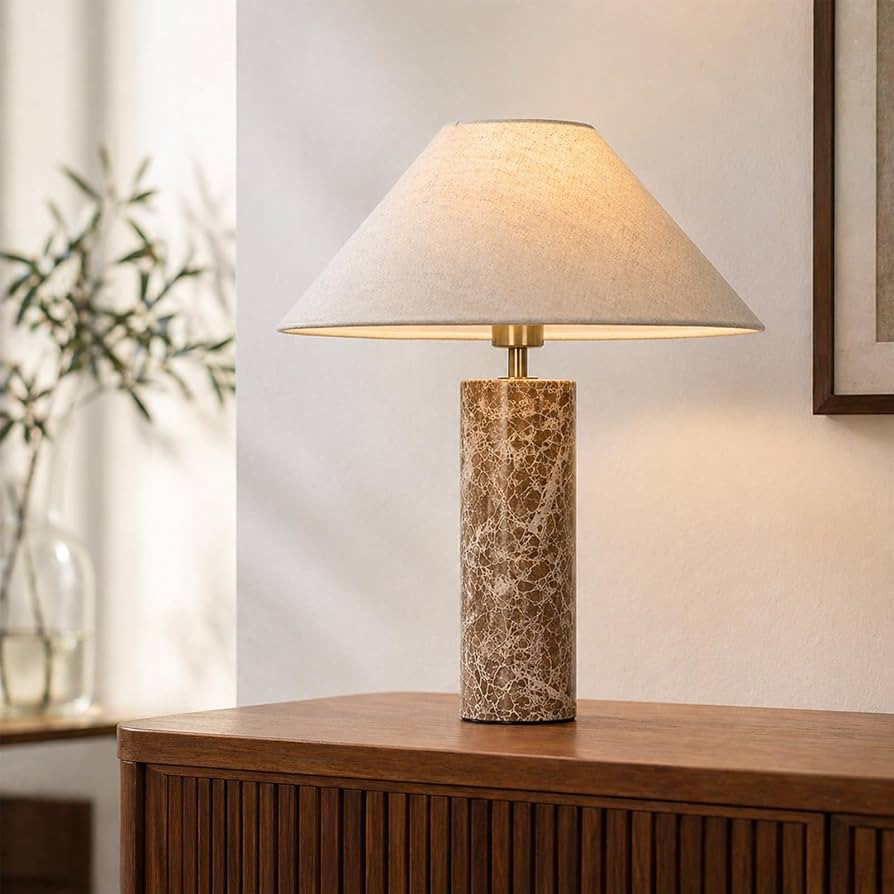 Bofea- Mid Century Modern Marble Table Lamp with Fabric Shade,18" Minimalist Warm Brown Marble Li... | Amazon (US)