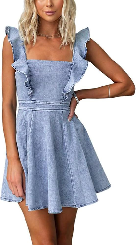 utcoco Denim Dress for Women Ruffle Adjustable Strap Sleeveless Backless Babydoll Mini Jean Dress... | Amazon (US)