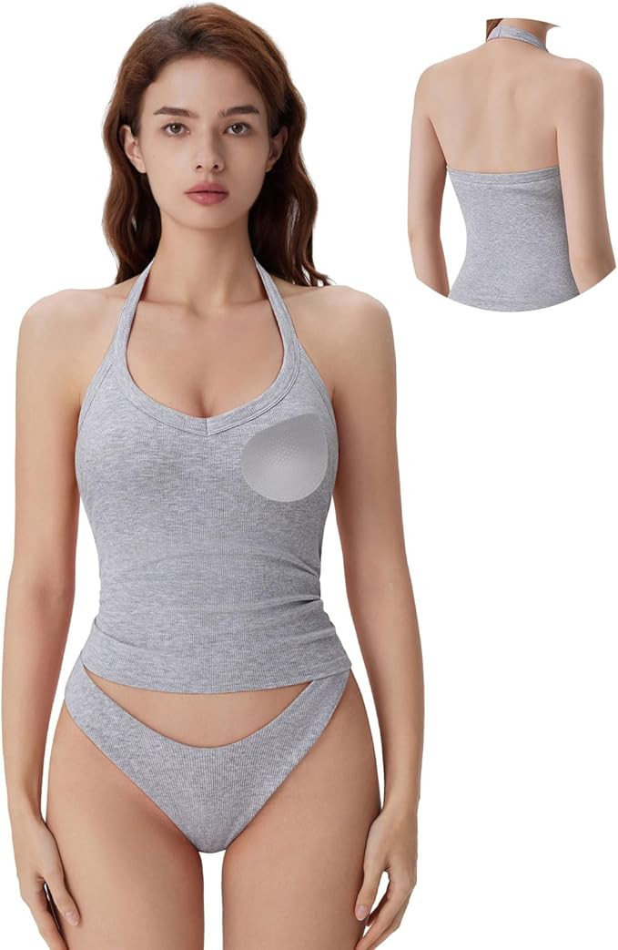 SUUKSESS Halter Tank Top for Women with Built in Bra Cotton Ribbed V Neck Cami | Amazon (US)