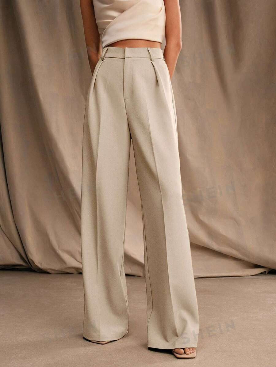 Anewsta Women's Solid Color Pleated Milad Straight High-Waist Trousers | SHEIN