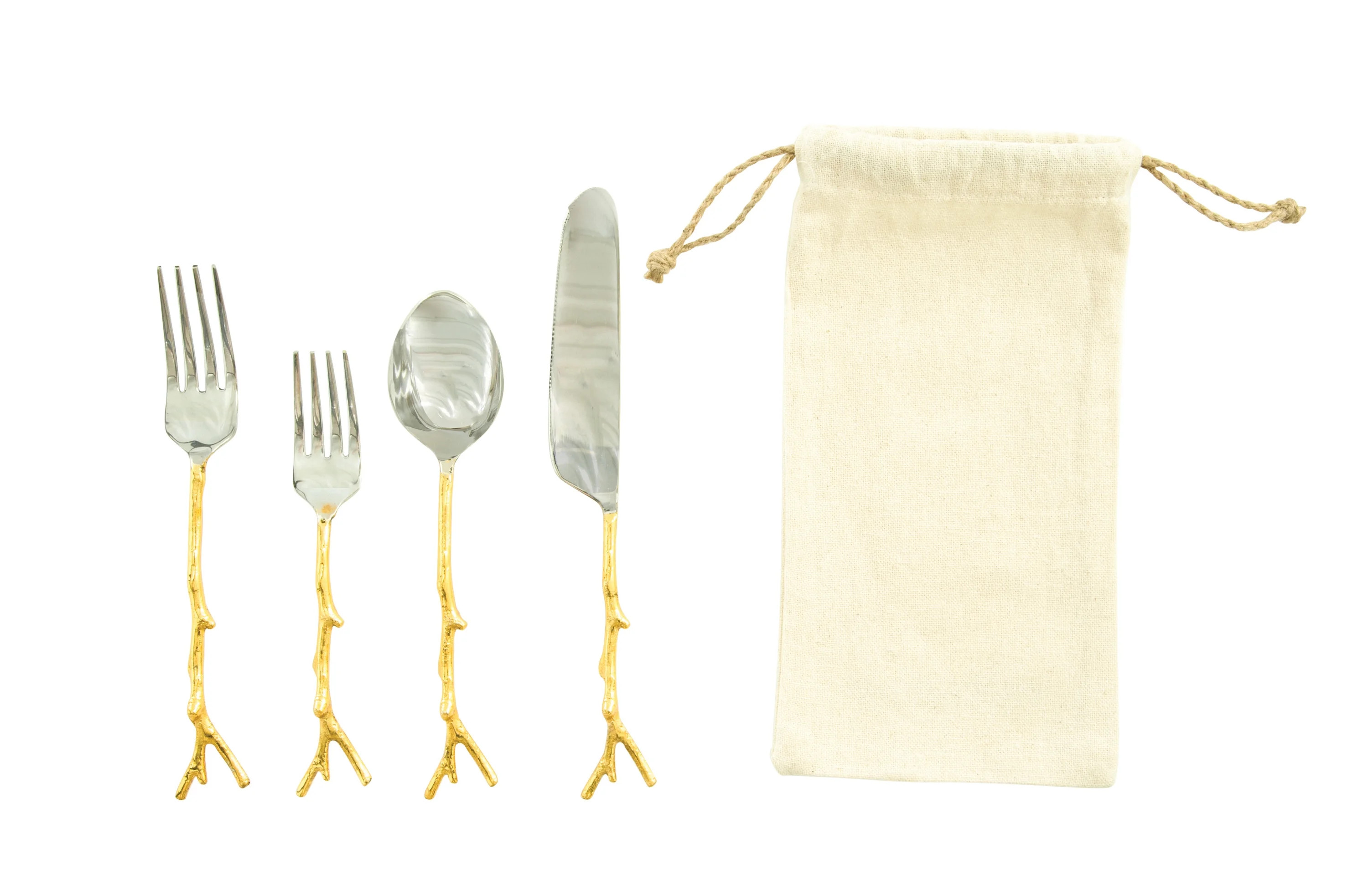Stainless Steel Flatware Set with Gold Twig Shaped Aluminum Handle (Set of 5 Pieces in Drawstring... | Walmart (US)