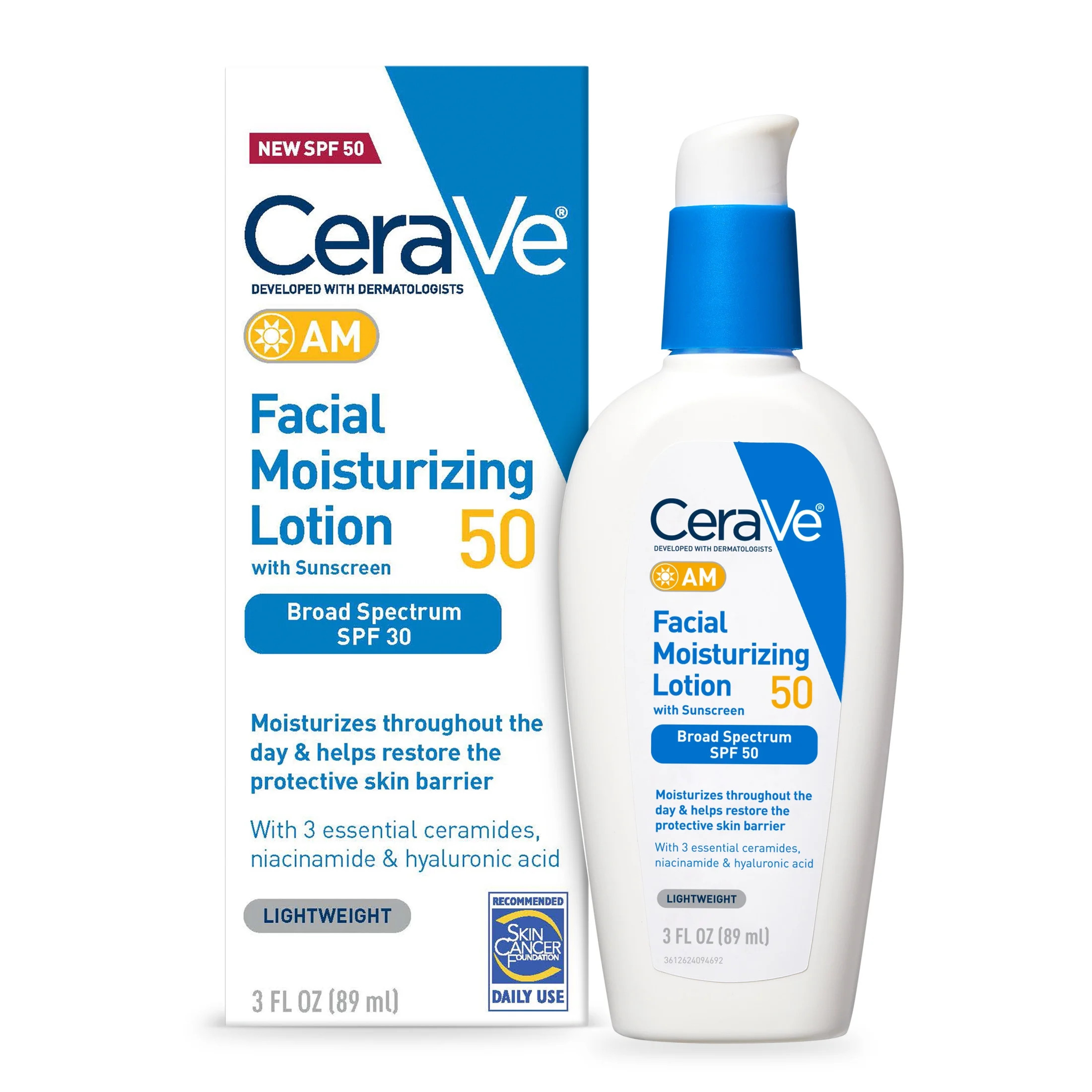 CeraVe AM Moisturizing Face Lotion with SPF 50 Sun Protection for Normal to Oily Skin, 3 fl oz | Walmart (US)