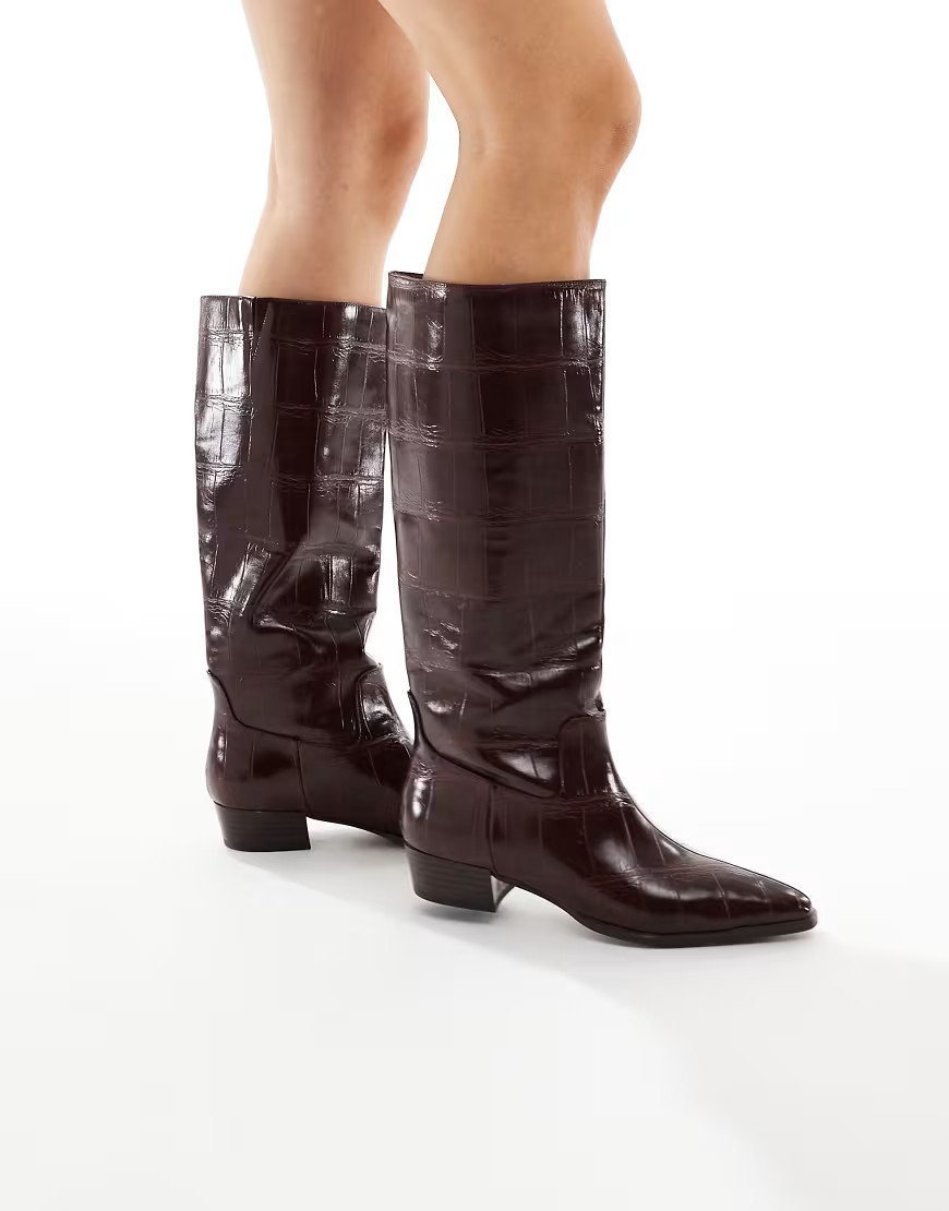 Schuh Danika knee boots in burgundy croc-Red | ASOS (Global)