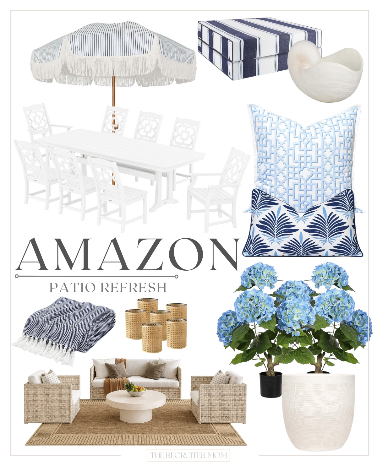 Blue and white coastal patio decor with hydrangeas, woven furniture, and classic outdoor accents 💙 #LTKcoastal

#LTKHome #LTKSeasonal #LTKHome #LTKSwim