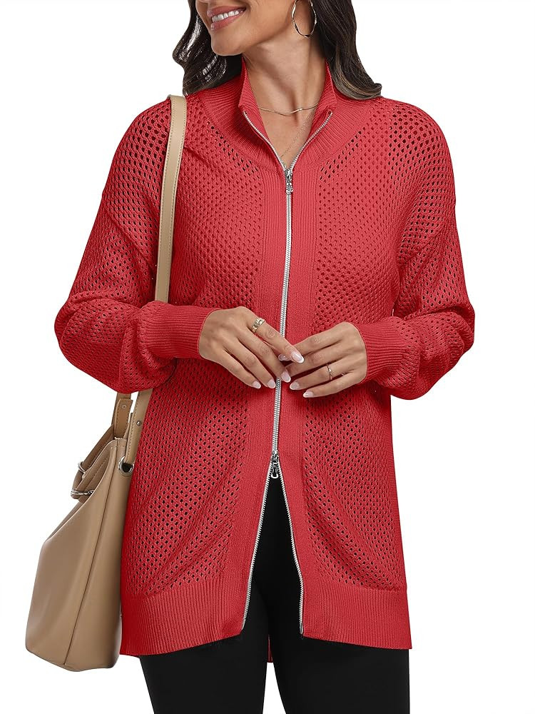 ANRABESS Women's Casual Full Zip Up Jackets Long Sleeve Mesh Crochet Knit Cardigan Sweater 2023 Fall Fashion Outfits Clothes | Amazon (US)