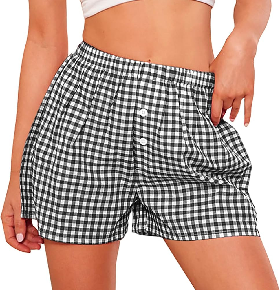 PRETTYGARDEN Shorts for Women 2026 Summer Gingham Pajamas Checkered Boxers Plaid Striped Lounge S... | Amazon (US)