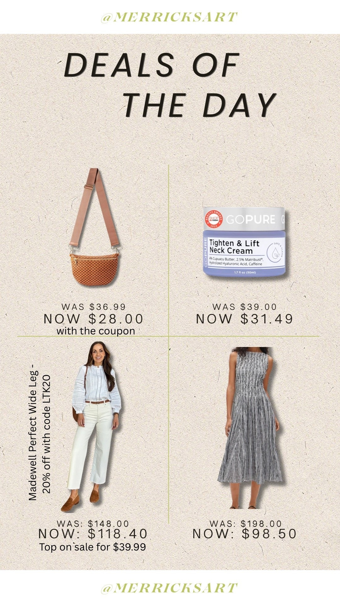 Deals of the day! My favorite neck cream that works, a cute Crossbody bag, a gorgeous gingham dress for summer, and my favorite cream jeans that are on sale