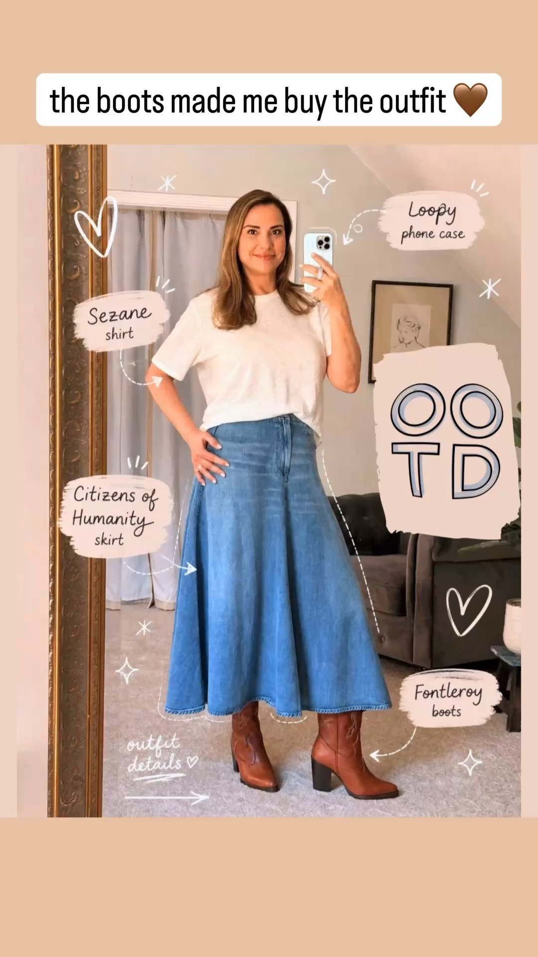 The boots made me buy the outfit 🤎 These @Fontleroy  boots are SO good with denim and instantly make a simple denim & white tee outfit feel styled. Comfortable heel height, gorgeous rich brown color, and the perfect western-inspired touch without feeling too costume-y ✨ Paired with my new favorite denim skirt + an easy @SEZANE tee. 

Linked everything here ⬇️

#LTKootd