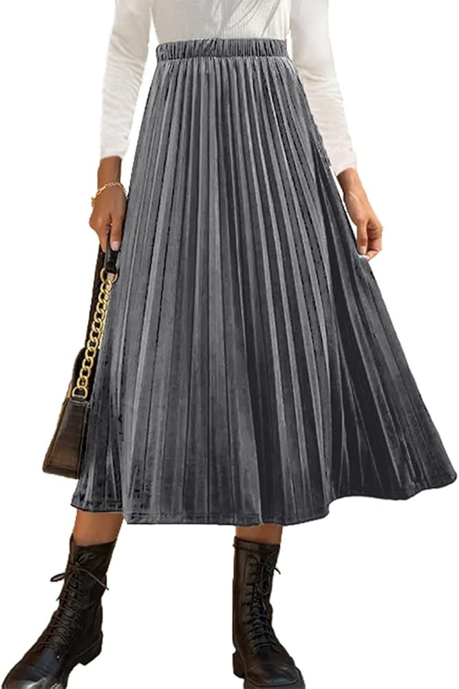Women’s High Elastic Waist Skirt Pleated A Line Swings Midi Velvet Skirts for Women | Amazon (US)