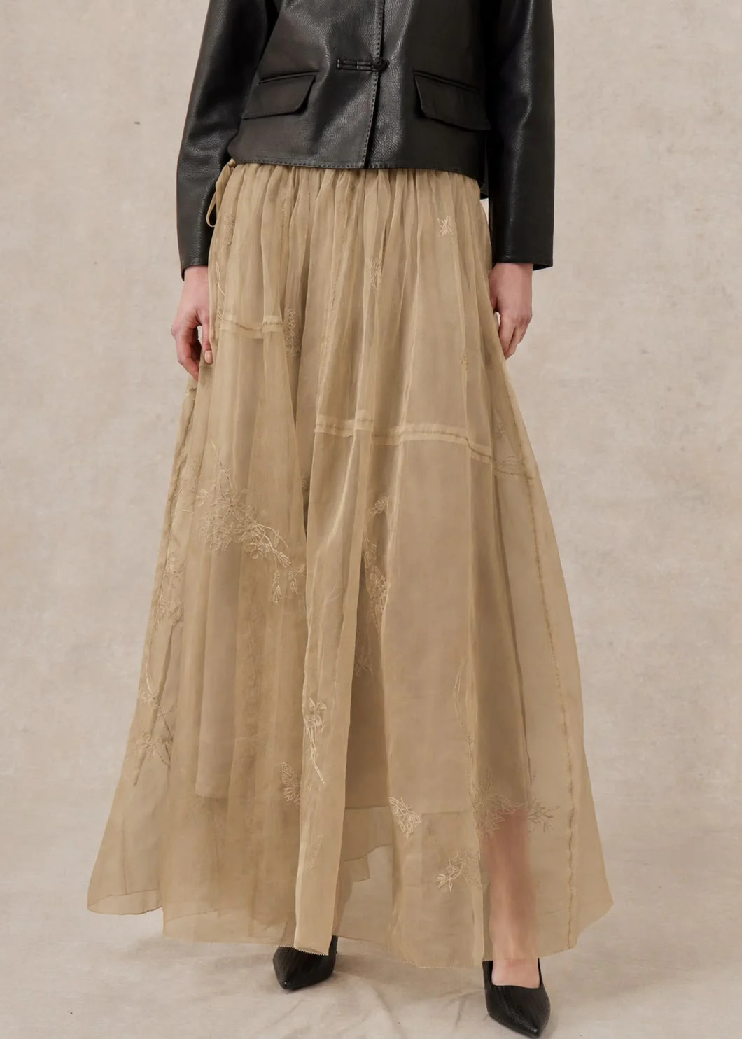 Beige Silk Skirt with Flower Embroidery | Da Luna London