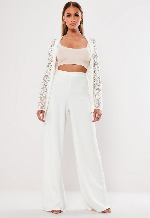 White Co Ord Lace Side Wide Leg Pants | Missguided (US & CA)
