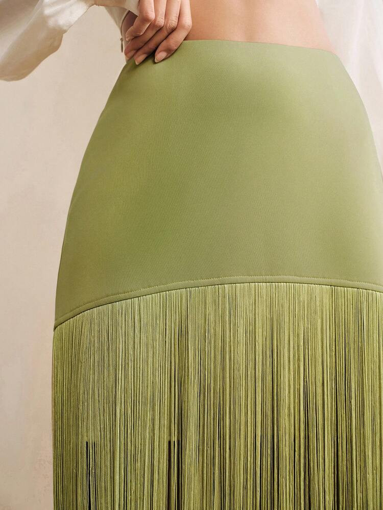 Anewsta Summer New Elegant Solid Color Splicing Dynamic Flowing Tassel Straight Skirt, Summer For... | SHEIN