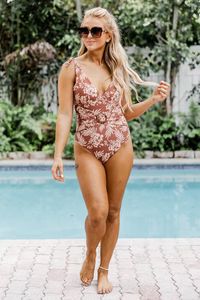 Lost In The Tropics Brown One Piece Belted Swimsuit | Pink Lily