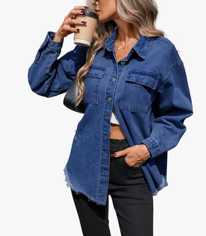 LifeShe Oversized Jean Jacket for Women Button Down Distressed Frayed Hem Shacket Loose Denim Shirt womens casual style outfit jean jacket neutral 

 