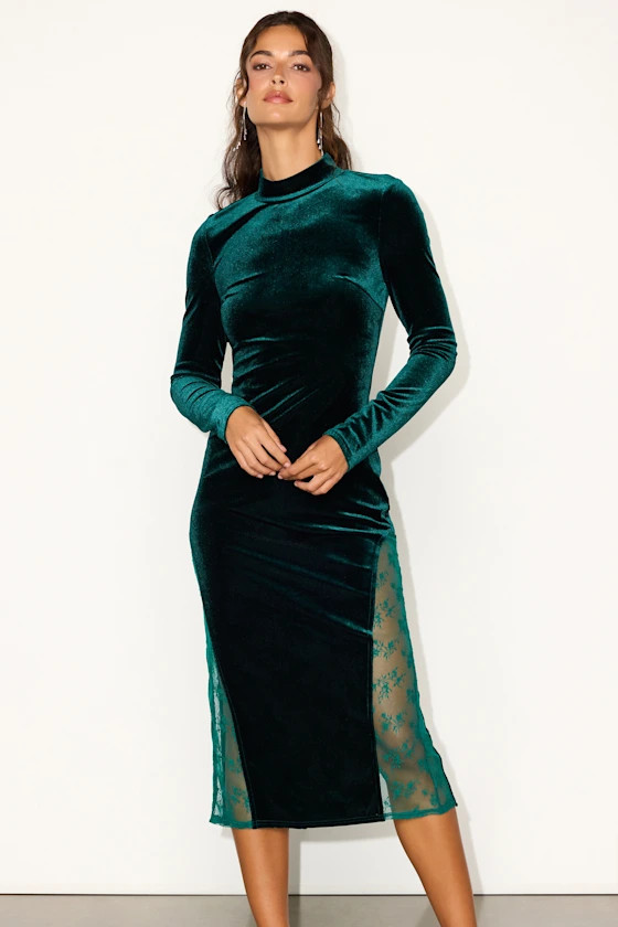 Eloquent Drama Emerald Green Velvet Mock Neck Midi Dress | Lulus