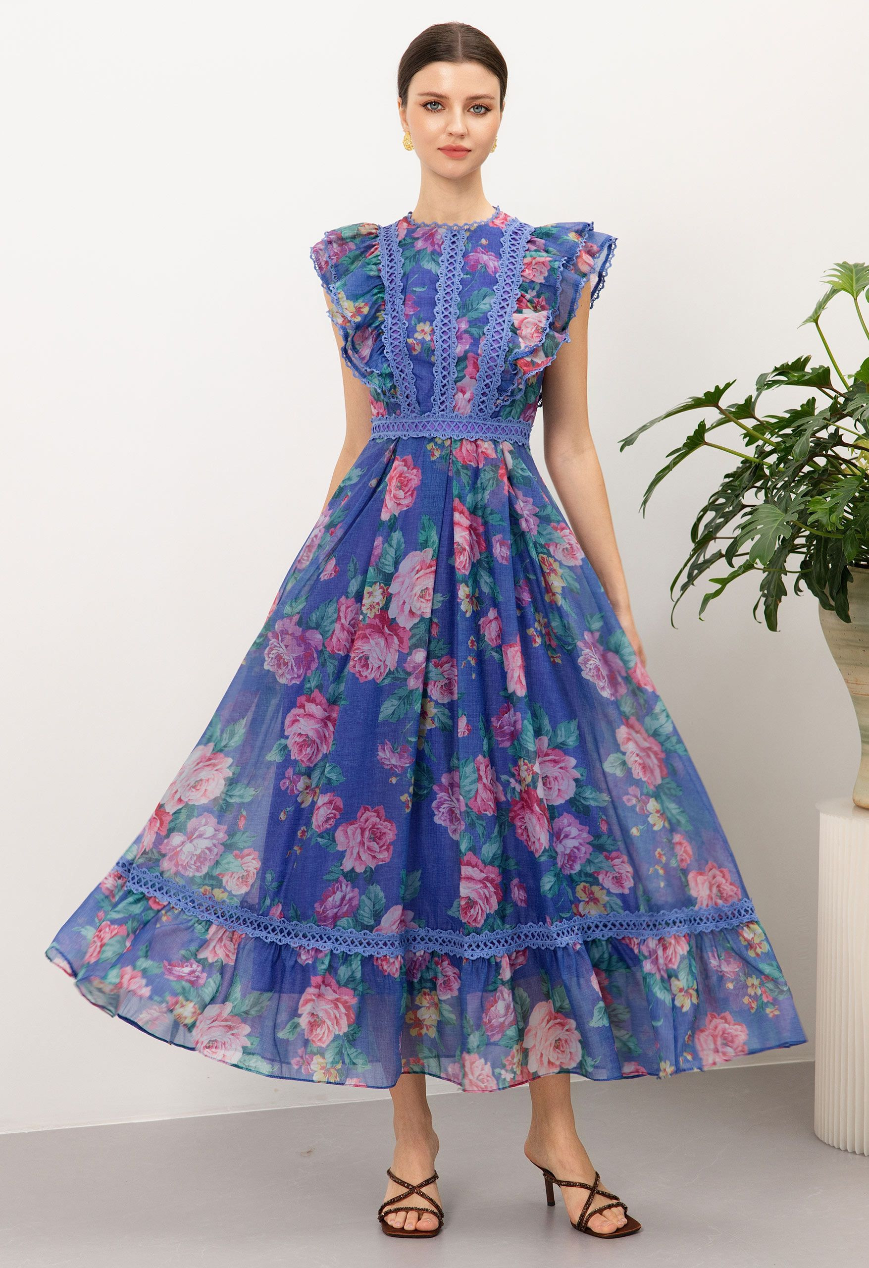 Vintage Rose Crochet Lace Ruffled Organza Dress for Celebrations & Date Nights | Chicwish