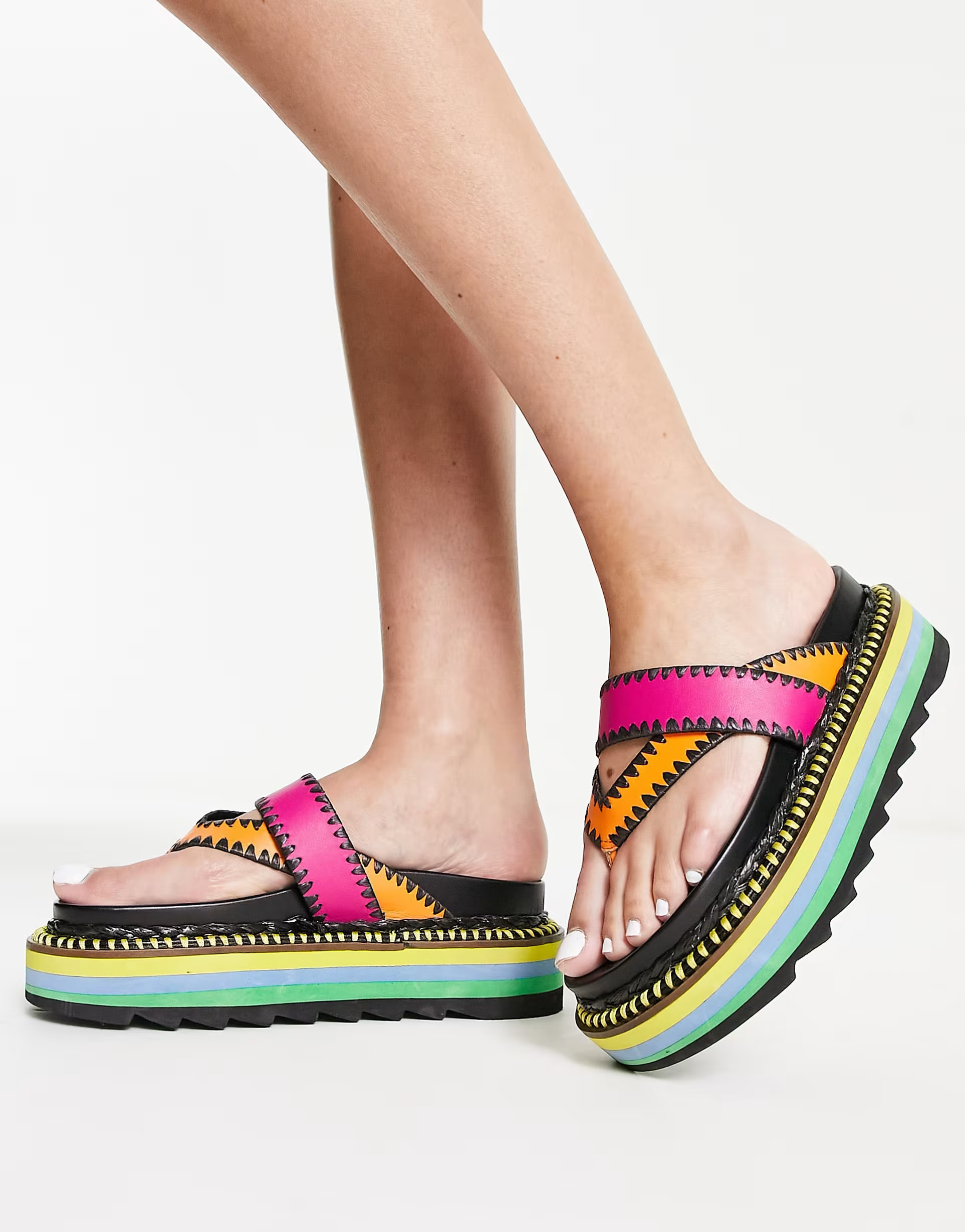 ASOS DESIGN Fiesta leather toe thong platform flat sandals in multi | ASOS (Global)